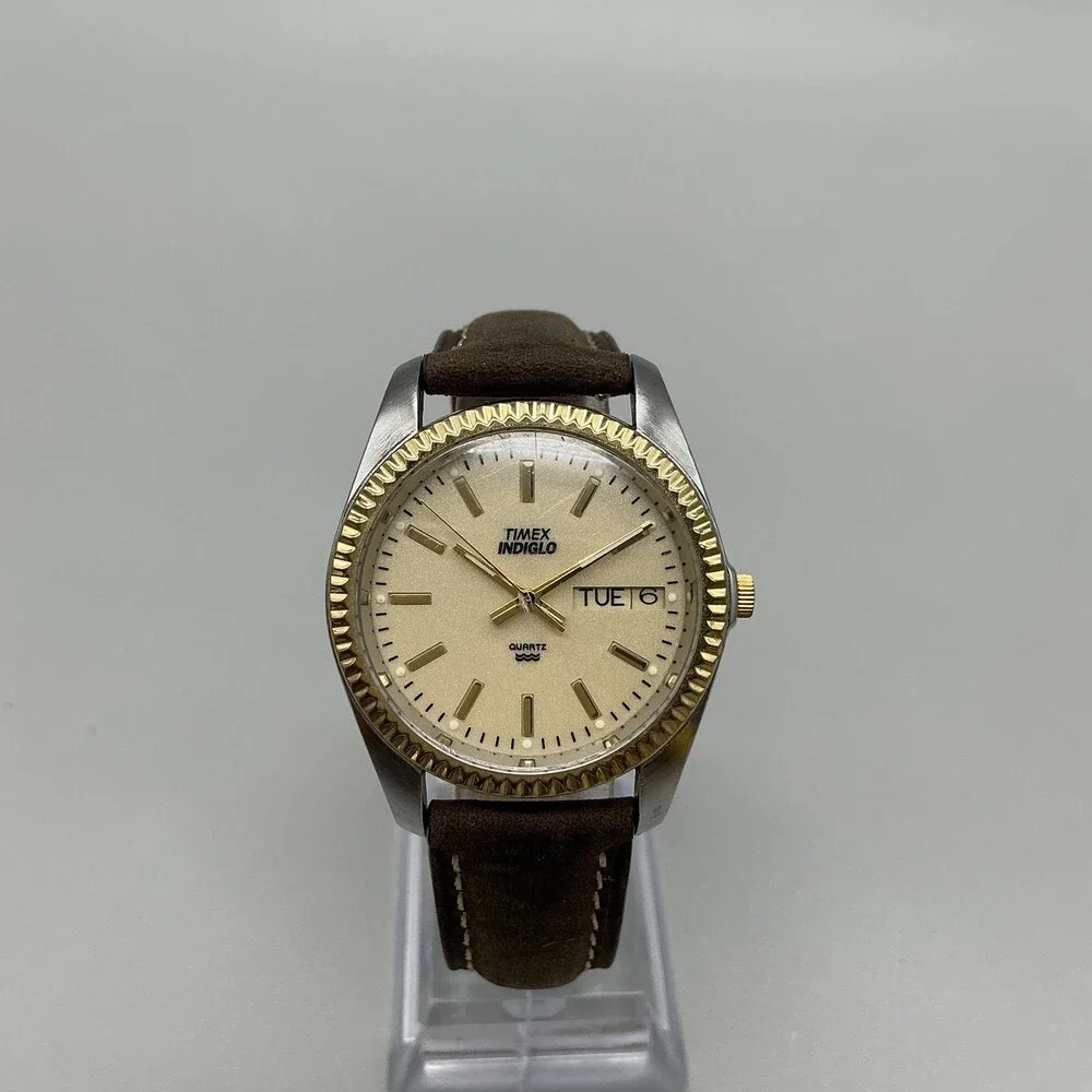 Vtg Timex Indiglo Mens Watch 34mm Two Tone Brown Leather Day Date New Battery